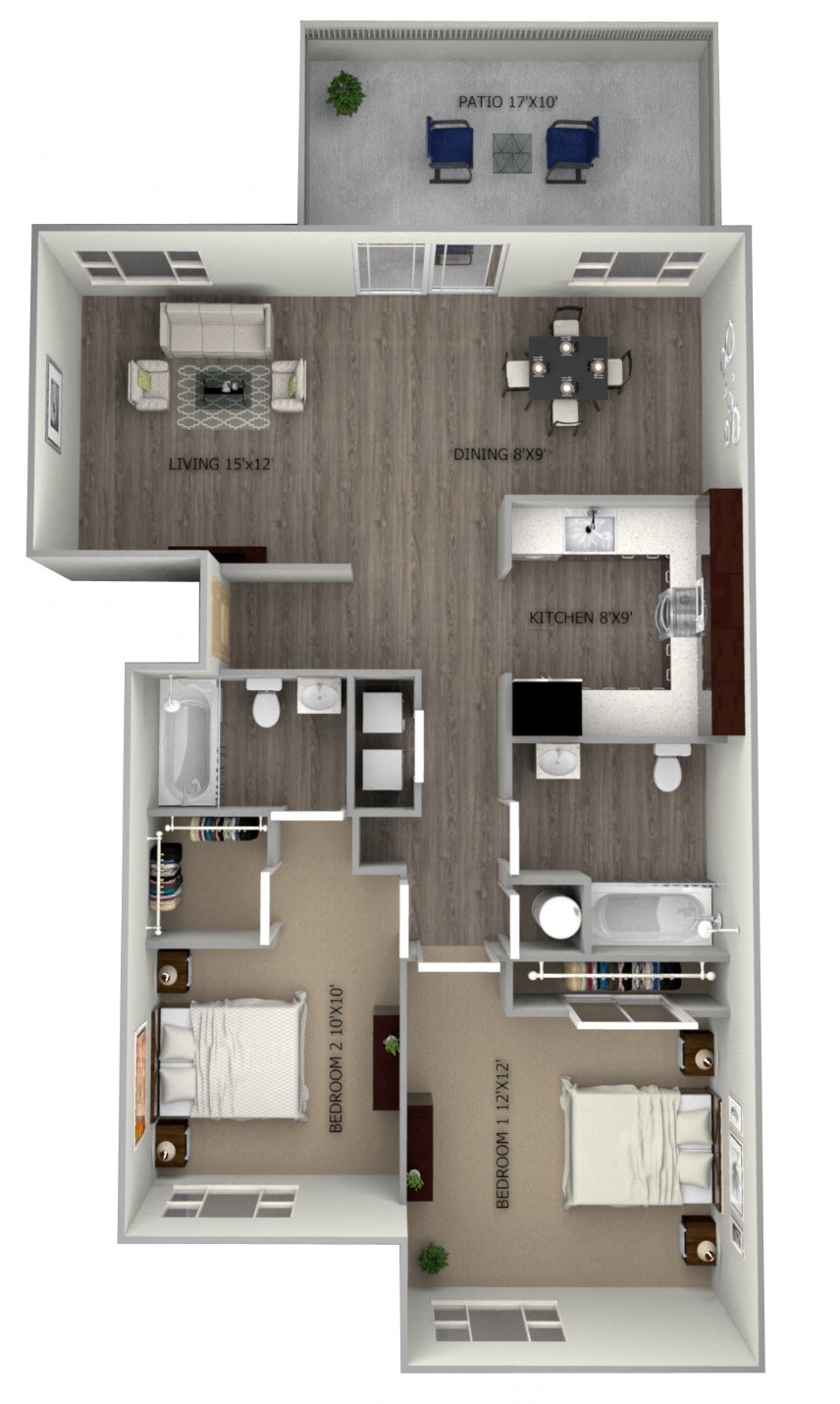 Floor plan for 2 beds, 2 baths, 960 sqft